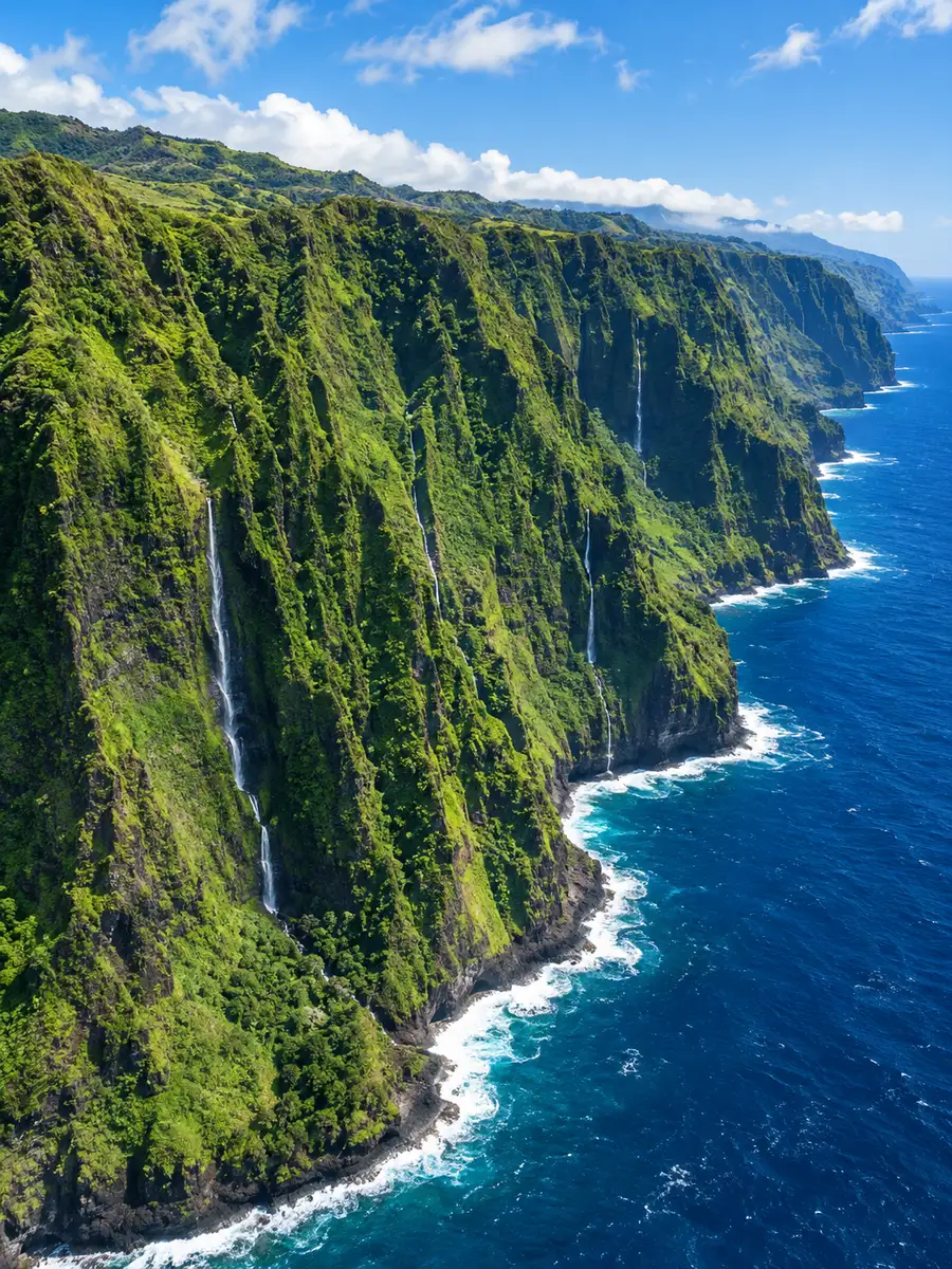 Altos acantilados marinos verdes con cascadas sobre una costa rocosa y azul