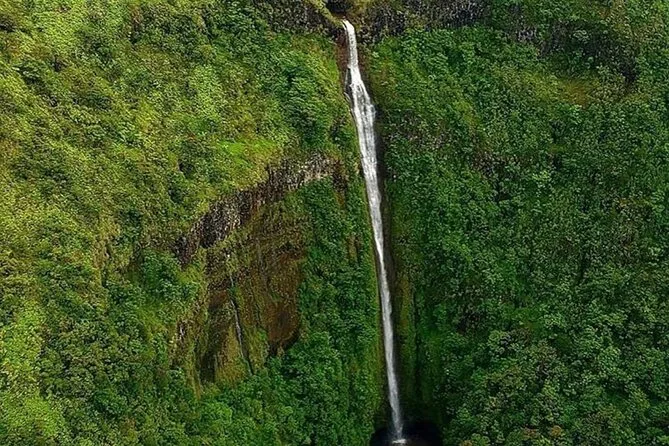 A tall waterfall dropping down a green cliff, seen from the air