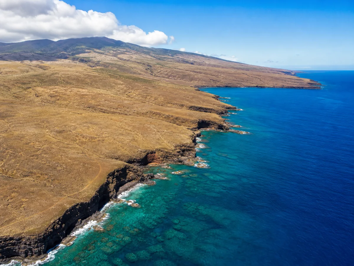 Golden dry cliffs dropping to a turquoise reef along a quiet coast